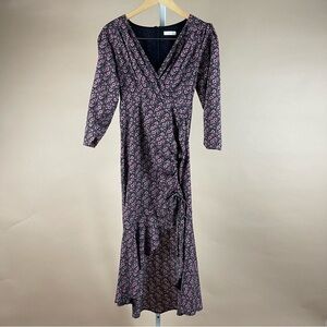 Lush Women's XS Side Tie Wrap Floral Midi Dress In Ditsy Black Ruffle Formal